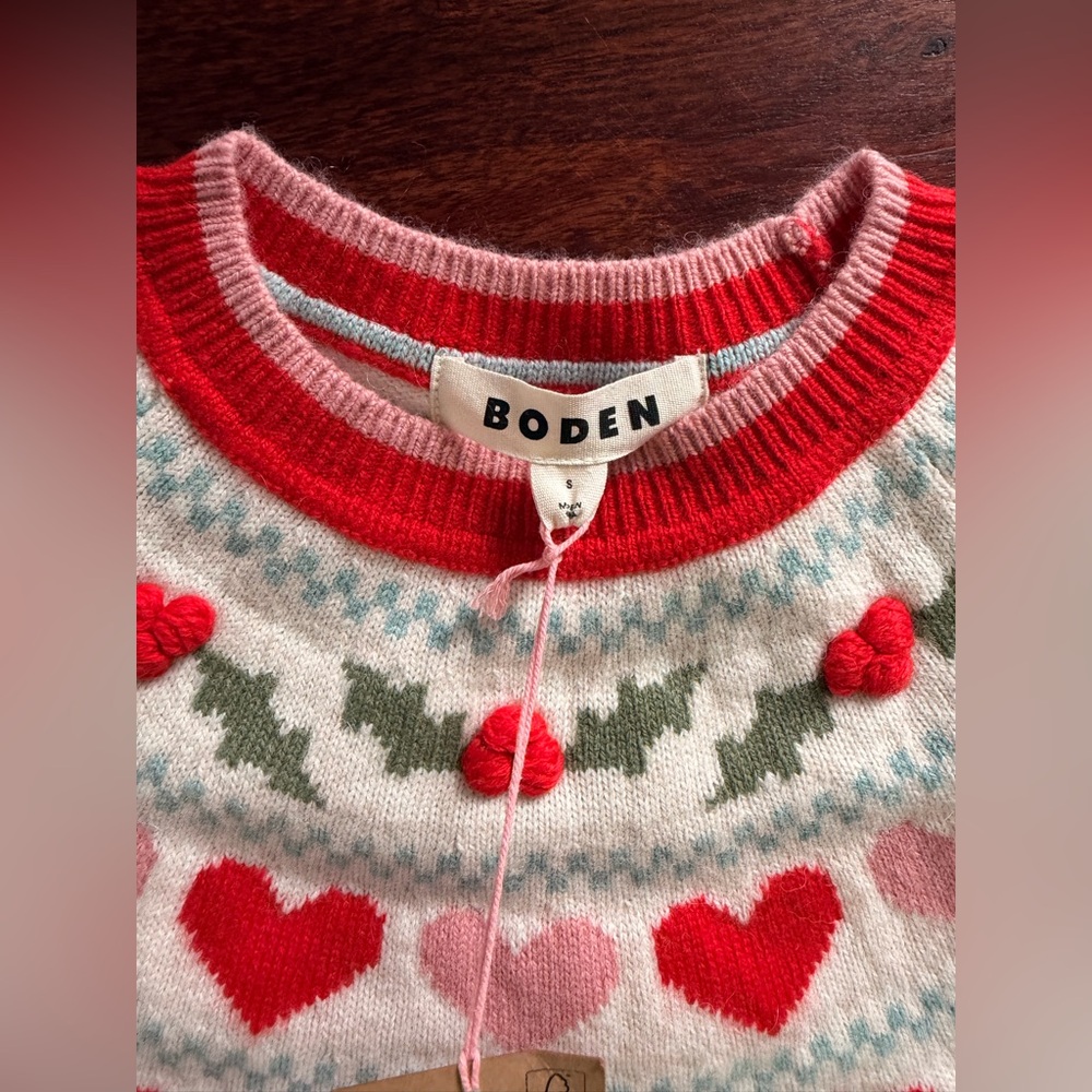 Boden Edie Fair Isle Hearts Wool Blend Jumper, Oatmeal - Picture 3 of 4